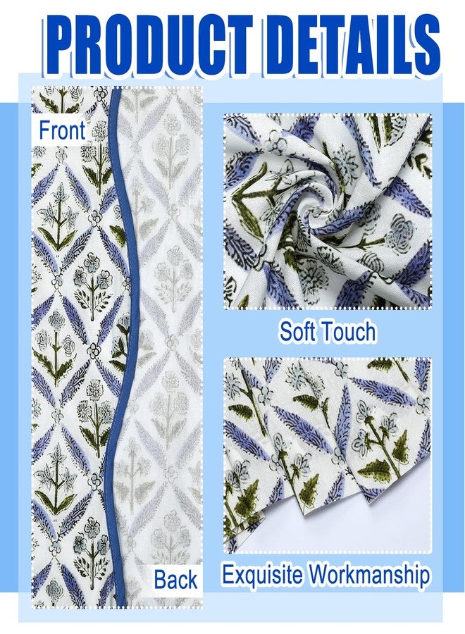 Hahafelt 52 x 84 Inches Scalloped Block Print Curtain Floral Cotton Curtains Blue and Green Semi-sheer Farmhouse Boho Window Drapes for Bedroom Living Room Floral Patterned Country Window Panel, 1 Pcs - Image 3